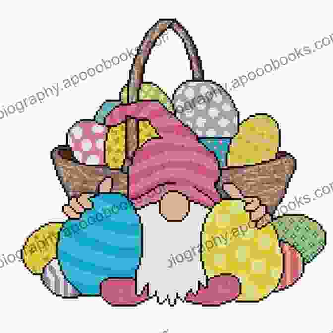 An Intricate Cross Stitch Pattern Of An Easter Gnome Holding A Basket Of Eggs. Cross Stitch Patterns Easter Gnome + Basic Tutorial Embroidery Design In Pdf Format Bookmark Chart DMC Floss (Cross Stitch Patterns With Fantasy Characters)