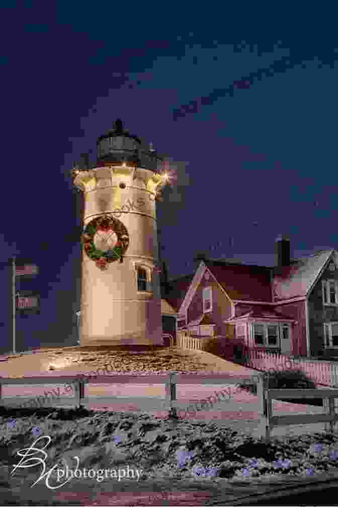 Christmas Lane Lighthouse Bay: Snowy White Lighthouse Standing By The Water With Red And White Striped Lighthouse And Red Christmas Bow. Christmas Lane (Lighthouse Bay 1)